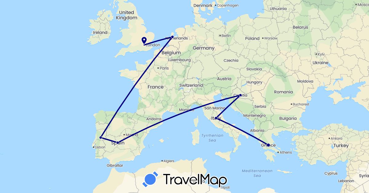 TravelMap itinerary: driving in Spain, United Kingdom, Greece, Croatia, Italy, Netherlands, Portugal (Europe)